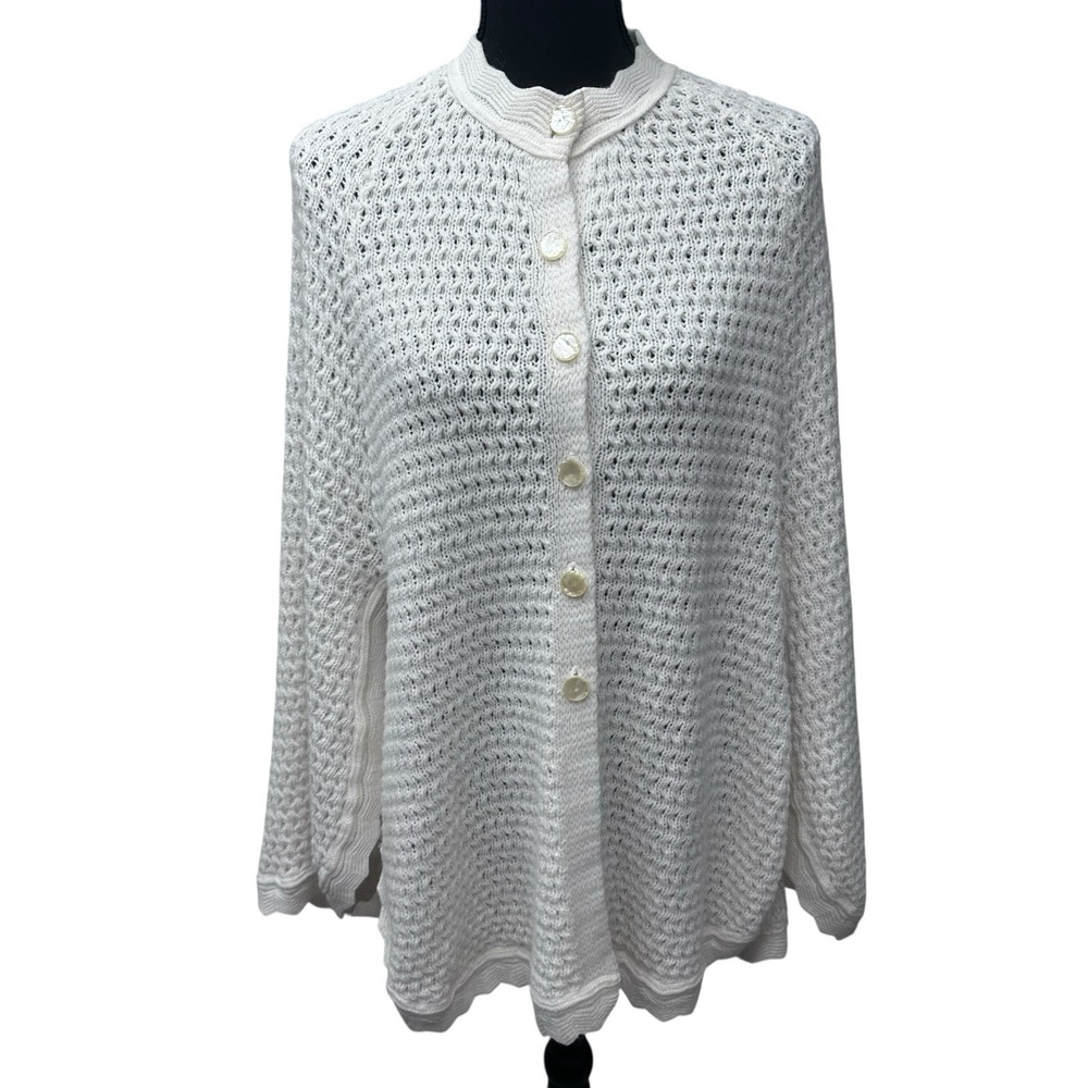 Americana Knit Button Up Cape Poncho Ivory Arm Slits Scallop Trim Edge VTG 60's